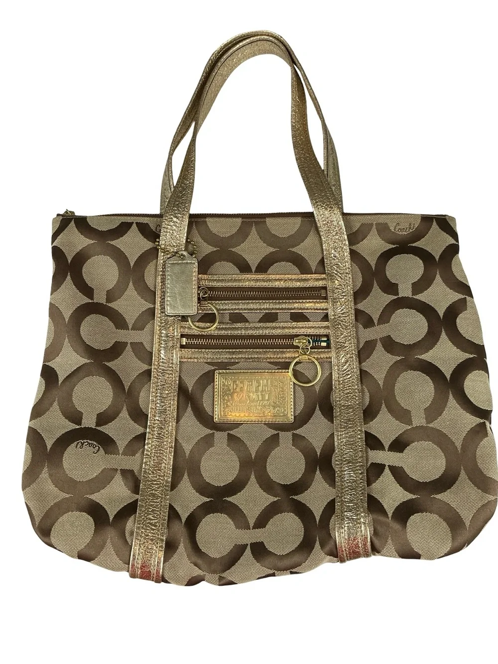Coach Poppy Op Art Glam Tote Brown Gold Signature 13826